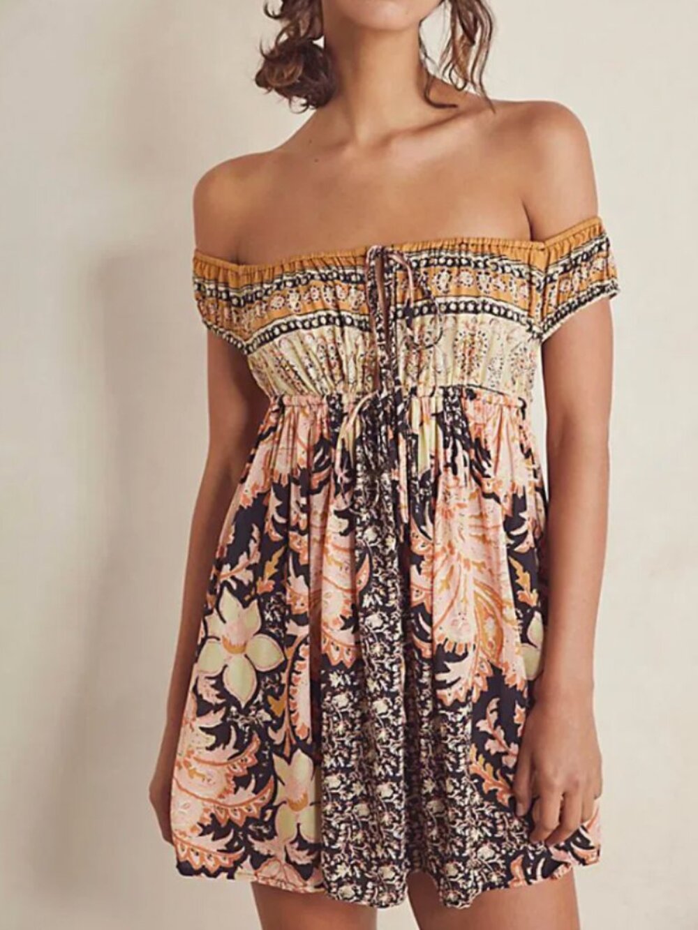 Free People Off-Shoulder Floral Mini Dress in Black, Peach, Cream